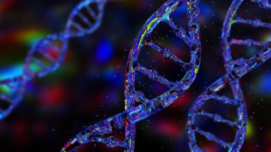 Karanlık bir arka planda soyut DNA. DNA hologramı yanardöner renklerle parıldıyor ve parlıyor. Bilim ve tıp kavramları. 3d illüstrasyon