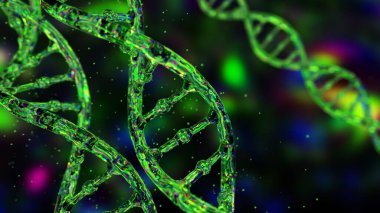 Karanlık bir arka planda soyut DNA. DNA hologramı yanardöner renklerle parıldıyor ve parlıyor. Bilim ve tıp kavramları. 3d illüstrasyon