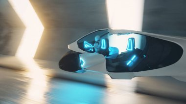 Uzun bir tünelde, gelecekten gelen bir arabanın direksiyonunda robot uçurmak. Yapay zeka ve gelecek konsepti. 3d illüstrasyon
