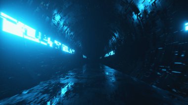 Fütürist metal bir koridorda neon ışıklı sonsuz uçuş. Teknoloji ve gelecek kavramı. Modern mavi ışık spektrumu 3d illüstrasyon