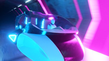 Uzun bir tünelde, gelecekten gelen bir arabanın direksiyonunda robot uçurmak. Yapay zeka ve gelecek konsepti. 3d illüstrasyon