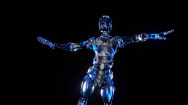 Siyah izole bir arka planda camdan yapılmış dans eden robot. 3d illüstrasyon