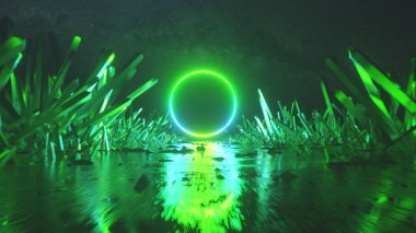 Asbractic uçuş, neon ışık halkası şekli, gizemli uzay manzarası, kristaller koridorunda ileri uçuş, sanal gerçeklik, dış uzay, yıldız panoraması. 3d illüstrasyon