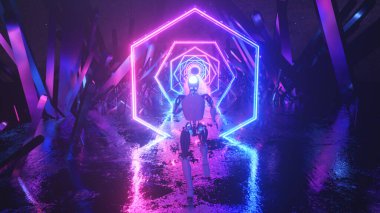 Robot, neon geometrik şekiller ve kristaller boyunca soyut uzayda çalışıyor. 3d illüstrasyon