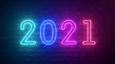 2021 neon tabela yeni yıl konsepti. - Mutlu yıllar. Tuğla. Modern ultraviyole mavi neon ışık. Yanıp sönen ışık. 3d illüstrasyon