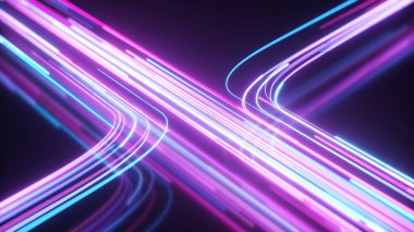 Mavi ve mor neon akıntısı. Yüksek teknoloji soyut eğri arka planı. Çizgili yaratıcı doku. Bir siber uzayda bilgi transferi. Işık huzmeleri hareket halinde. 3d illüstrasyon