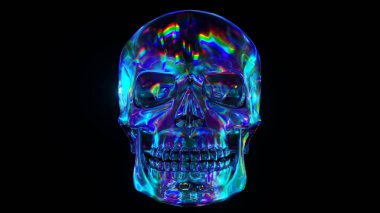 İnsan kafatası yansıtıcı arka plan ortamı. Renkli yanardöner neon tayfı. 3d illüstrasyon