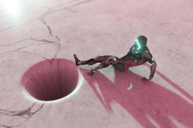 Çekici bir kara delik kavramına sahip soyut bir kompozisyon. Uzaylı karakter hareket eden mermer dokusuna sahip bir kara deliğin cazibesine direnir. 3d illüstrasyon