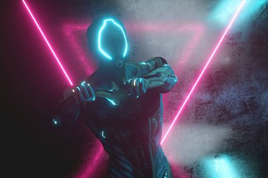 Parlak neon ışıkları olan metal bir arka planda dans eden uzaylı robot. Mutluluk ve zafer kavramı. 3d illüstrasyon