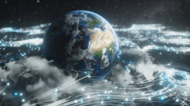 Optik fiber bulutlarda dönen bir küre uzayda tüm evrene sinyaller gönderiyor. Dünyaya ve uzaya bilgi yayma kavramı. 3d illüstrasyon