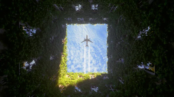植生のある建物の上の日没時に飛行機 ビジネスと観光の概念 3Dイラスト — ストック写真