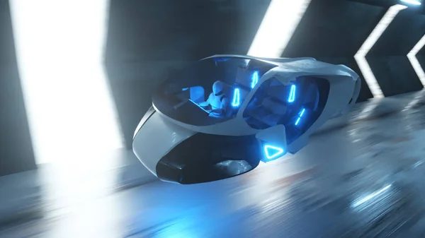 Volar Robot Volante Coche Futurista Largo Túnel Inteligencia Artificial Concepto — Foto de Stock