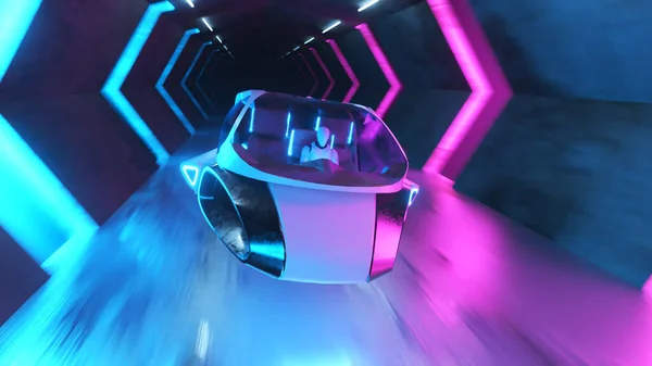 Flyger Robot Bakom Ratten Futuristisk Bil Lång Tunnel Med Neon — Stockfoto