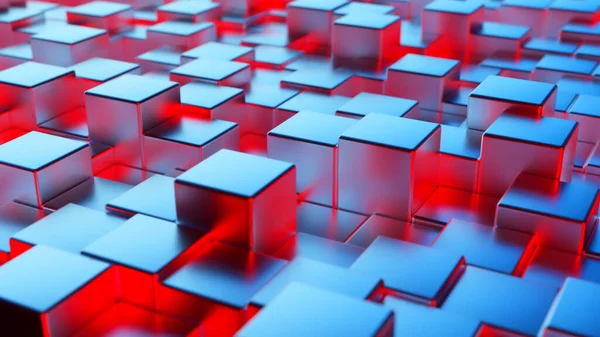 Abstrato Azul Vermelho Fundo Metálico Cubos Parede Cubo Metal Ilustração — Fotografia de Stock