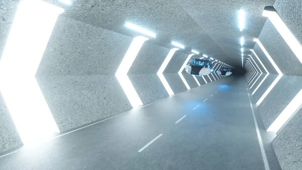 Futuristisk Lång Tunnel Med Flygande Bilar Robotar Förarsätet Artificiell Intelligens — Stockfoto