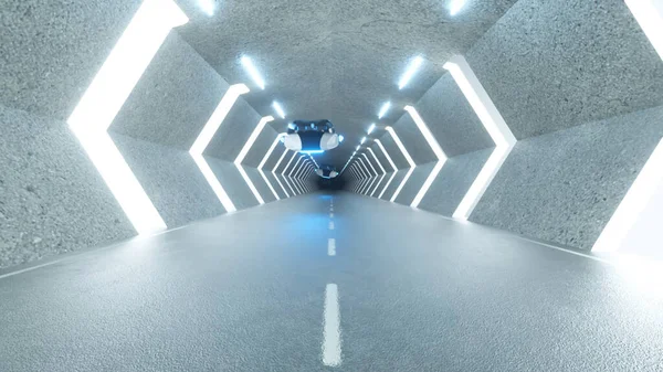 Futuristický Dlouhý Tunel Létajícími Auty Roboti Sedadle Řidiče Umělá Inteligence — Stock fotografie