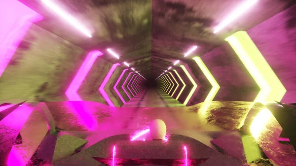 長いトンネルの中で未来的な車の車輪の後ろに飛行ロボット 車の屋根からの眺め 人工知能と未来の概念 3Dイラスト — ストック写真