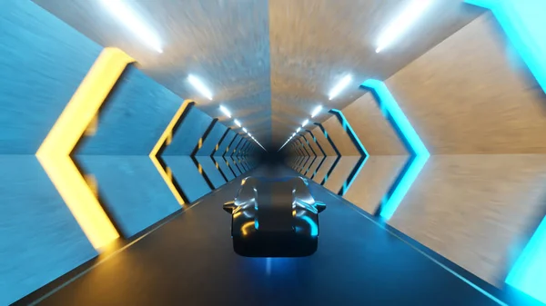 長いトンネルの中で未来的な車の車輪の後ろに飛行ロボット バックビュー 人工知能と未来の概念 3Dイラスト — ストック写真