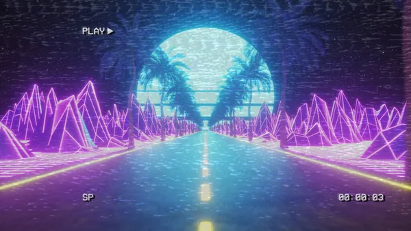 80s retro futuristic sci-fi. Retrowave VJ videogame landscape, neon lights and low poly terrain grid. Stylized vintage vaporwave 3d illustration background with mountains, sun and stars.