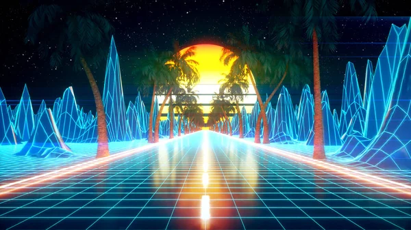 Retro Futuristický Sci Let Retrowave Videohry Krajina Neonová Světla Nízké — Stock fotografie