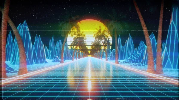 80年代复古的未来主义科幻小说 回波Vj视频游戏的景观 霓虹灯和低多路网格 经典的老式蒸汽波3D图片说明山水 太阳和星星的背景 — 图库照片