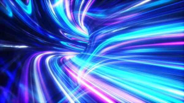数字灯光的速度 霓虹灯穿过数字技术的隧道 时空概念 3D说明 — 图库照片