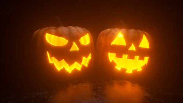 Abóboras Halloween Estão Queimando Brilhando Brilhando Dentro Fundo Preto Decoração — Fotografia de Stock
