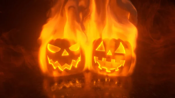 Halloween Pumpkins Engulfed Powerful Flames Glow Sparkle Dark Black Background — Stock Photo, Image