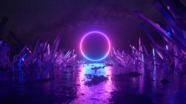 Asbractic uçuş, neon ışık halkası şekli, gizemli uzay manzarası, kristaller koridorunda ileri uçuş, sanal gerçeklik, dış uzay, yıldız panoraması. 3d illüstrasyon
