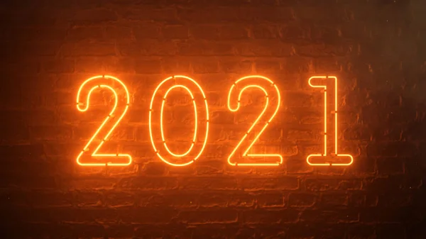2021 Fire Orange Neon Sign Background New Year Concept Happy — Stock Photo, Image