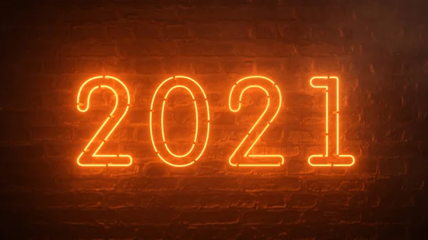 2021年消防橙色霓虹灯背景新年概念 新年快乐 砖头背景 明亮的光 3D说明 — 图库照片