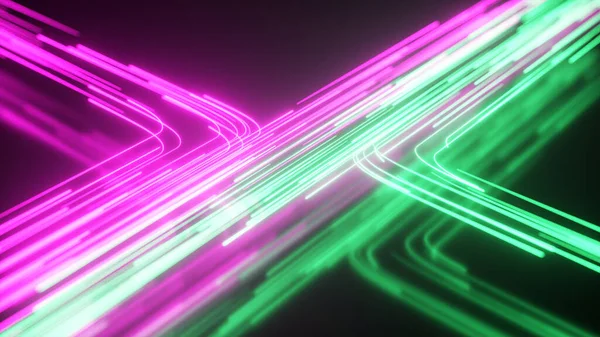 Green and purple neon stream. High tech abstract curve background. Striped creative texture. Information transfer in a cyberspace. Rays of light in motion. 3d illustration