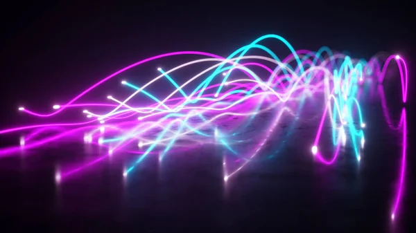 Diffusione Fili Fibra Neon Blu Viola Nello Spazio Sopra Superficie — Foto Stock