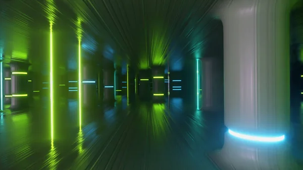 Repülj Egy Futurisztikus Folyosón Neon Üvegoszlopok Oszlopok Mentén Modern Ultraibolya — Stock Fotó