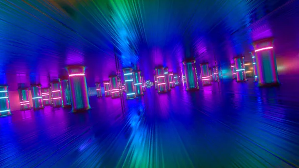 Neon Cam Sütunlar Kolonlar Boyunca Fütüristik Bir Koridorda Uçun Modern — Stok fotoğraf