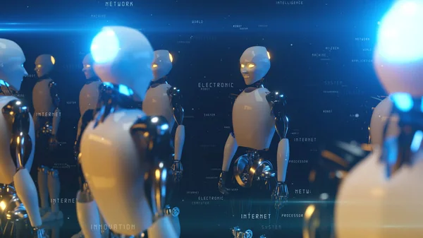 Pasillo Sin Fin Robots Uno Frente Otro Tecnología Futura Concepto —  Fotos de Stock