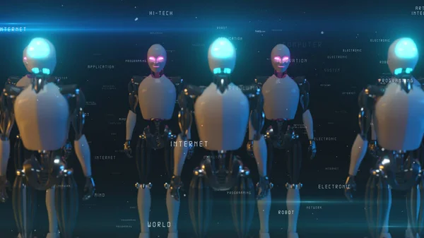 An endless corridor of robots facing each other. Future technology and artificial intelligence concept. Words flying by robots. Blue and pink neon glow. Seamless loop 3d render