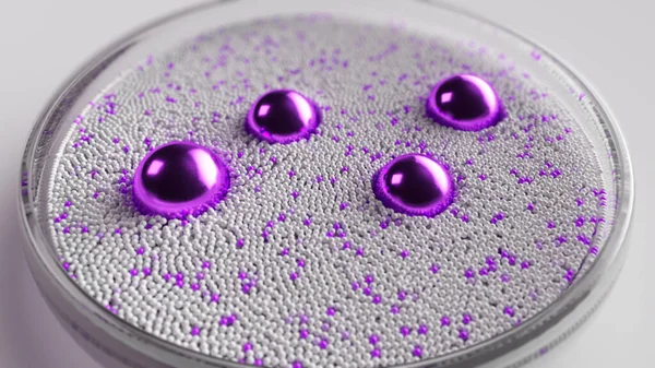 Varias Esferas Púrpuras Están Girando Círculo Cristalería Empujando Pequeñas Esferas — Foto de Stock