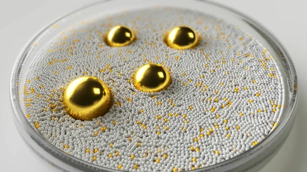 Több Arany Gömb Forog Egy Üvegárukörben Széttaszítja Kis Gömböket Absztrakt — Stock Fotó