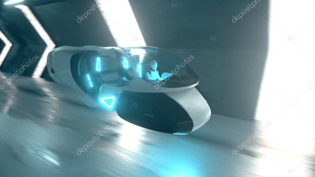 Flying a robot behind the wheel of a futuristic car in a long tunnel. Artificial intelligence and future concept. 3d illustration