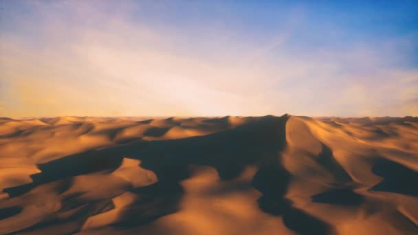 Бесконечный полет в бесконечной жаркой пустыне с дюнами и песчаными горами. Бесшовный трехмерный рендер — стоковое видео