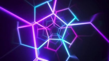Endless flight in the corridor with a laser neon curve. Modern ultraviolet lighting. Blue purple light spectrum. Seamless loop 3d render