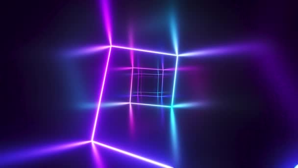 Endloser Flug im Flur mit einer Laser-Neon-Kurve. Moderne ultraviolette Beleuchtung. Blaues violettes Lichtspektrum. Nahtlose 3D-Renderschleife — Stockvideo