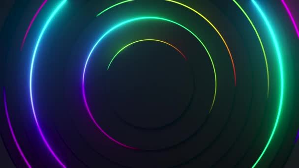 Ακτινική αφηρημένη νέον φόντο. Οι γραμμές νέον λέιζερ κινούνται σε κύκλο κατά μήκος μιας κυκλικής σκοτεινής γεωμετρίας. Εννοιολογικό τεχνολογικό υπόβαθρο. Φάσμα φωτός ουράνιο τόξο. Απρόσκοπτη επανάληψη 3d animation — Αρχείο Βίντεο