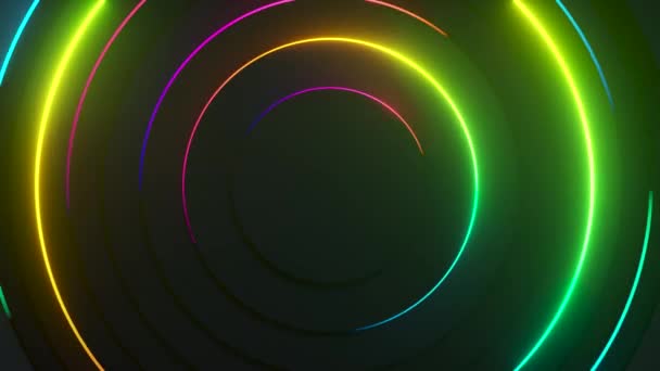 Fondo de neón abstracto radial. Las líneas de neón láser se mueven en un círculo a lo largo de una geometría oscura circular. Experiencia en tecnología conceptual. Espectro de luz arco iris. Inconsútil bucle de animación 3d — Vídeos de Stock