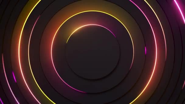 Radial abstrakt neon bakgrund. Laser neonlinjer rör sig i en cirkel längs en cirkulär mörk geometri. Begreppsmässig teknik bakgrund. Gult rosa ljusspektrum. Sömlös loop 3D-animering — Stockvideo