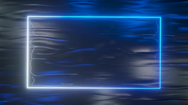 Яркая неоновая рамка мерцает с голубым неоновым спектром на водном фоне. Бесшовный трехмерный рендер — стоковое видео