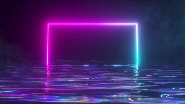 Un marco de neón brillante brilla con un espectro de neón de luz en el agua. Fondo humeante. Lazo inconsútil 3d render — Vídeos de Stock