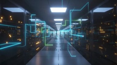 Dijital bilgi fiber optik kablolar aracılığıyla ağ boyunca seyahat eder ve veri merkezinin sunucu odasındaki cam panellerin arkasındaki veri sunucuları aracılığıyla. Yüksek hızlı dijital çizgiler