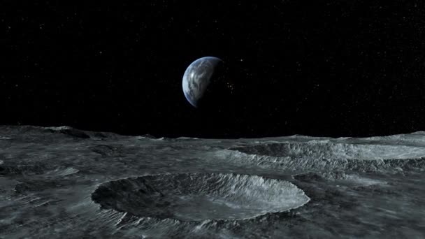 Vue de la planète Terre depuis la surface de la Lune. Espace sans air. Vol simulé de drone. Animation 3D de haute qualité. — Video